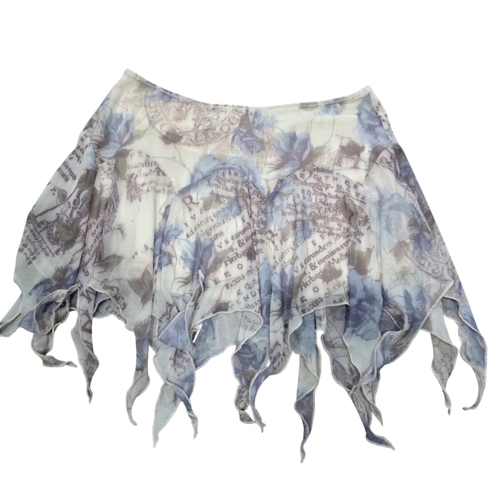 Kimchi Blue Mesh Handkerchief Hem Mini Skirt Blue Floral Script Print XS